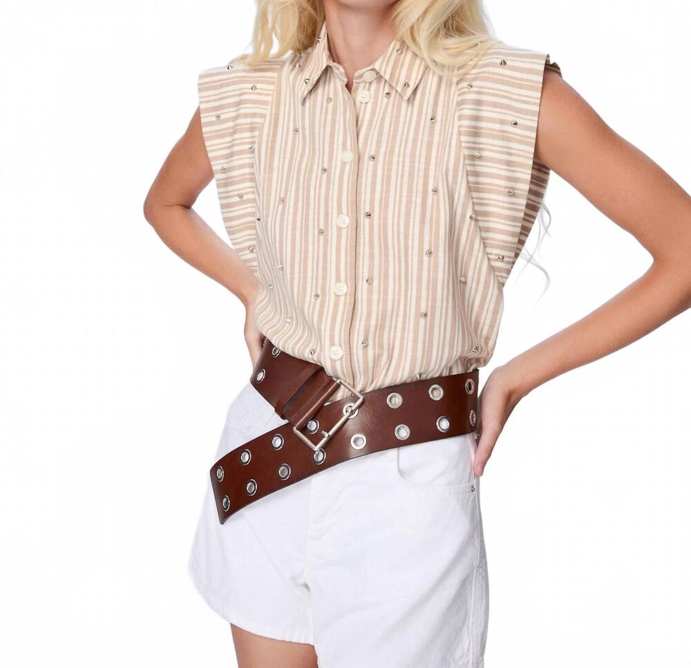 NEW THEO THE LABEL women's astraea stripe embellished sleeveless shirt in sand /